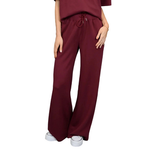 Wide Leg High Rise Modal Pants Drawstring Burgundy RD STYLE Soft Lounge Casual